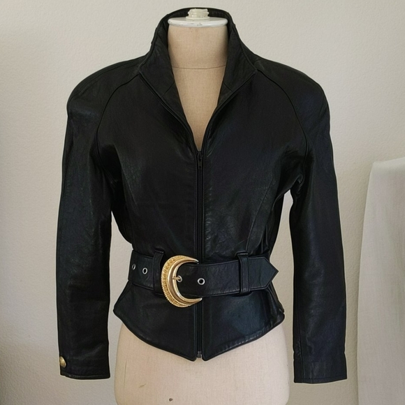 Vintage Jackets & Blazers - Vintage 90s soft leather chunky gold belted jacket